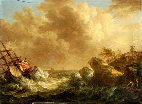 Kustenlandschaft Bei Sturm, Mit Kenterndem Segelschiff - view 1