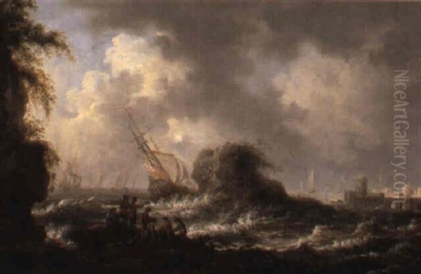 Stormigt Kustlandskap Med Skeppsbrott - view 1