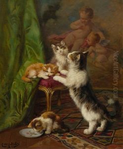 Kittens Playing Before A Tapestry With Two Putti