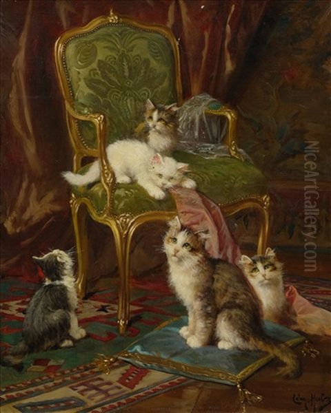 Kittens Playing On A Green Louis Xv Fauteuil - view 1