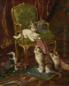 Kittens Playing On A Green Louis Xv Fauteuil by Leon Charles Huber