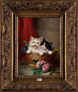 Chatons Dans Un Panier De Fleurs by Leon Charles Huber