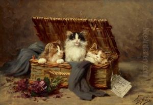 Drei Junge Katzen In Einem Bastkorb by Leon Charles Huber