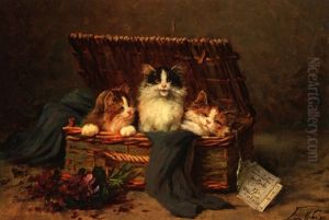 Drei Katzchen In Einem Bastkorb by Leon Charles Huber