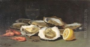 Stillleben Mit Austern, Garnelen Und Aufgeschnittener Zitrone by Leon Charles Huber