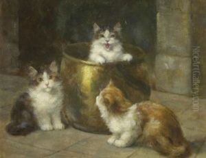 Drei Katzchen Mit Messinggefas by Leon Charles Huber