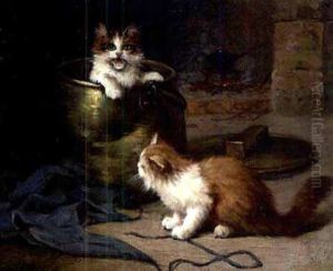 Spielende Katzen Vor Dem Kamin, Eine Im Messingkessel Sitzend Spielende Katzen Vor Dem Kamin, Eine Im Messingkessel Sitzend