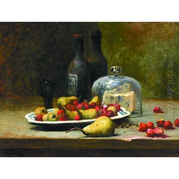 A Still Life With Fruit, Cheese And Wine On A Table - view 1