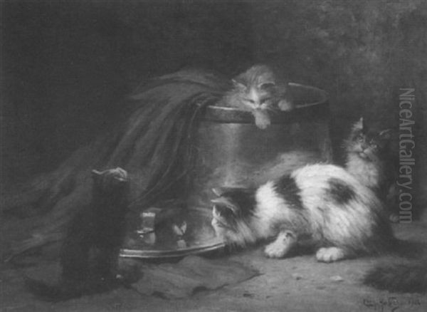 Curiosity; A Cat With Kittens With A Butterfly On The Lid Of A Bran Vessel by Leon Charles Huber
