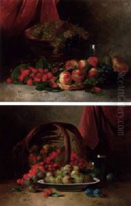 A Basket Of Grapes With Strawberries, Peaches And Pears