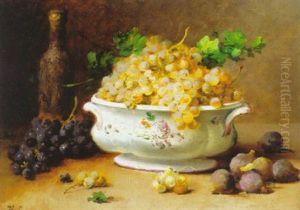 Still Life With Grapes In A Porcelain Bowl, Figs And A Bottle by Leon Charles Huber