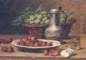 Plums In A Basket, Strawberies On A Plate, A Wine Glass And A Pewter Jug On A Table by Leon Charles Huber