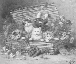 Five Kittens And Flowers In A Basket by Leon Charles Huber