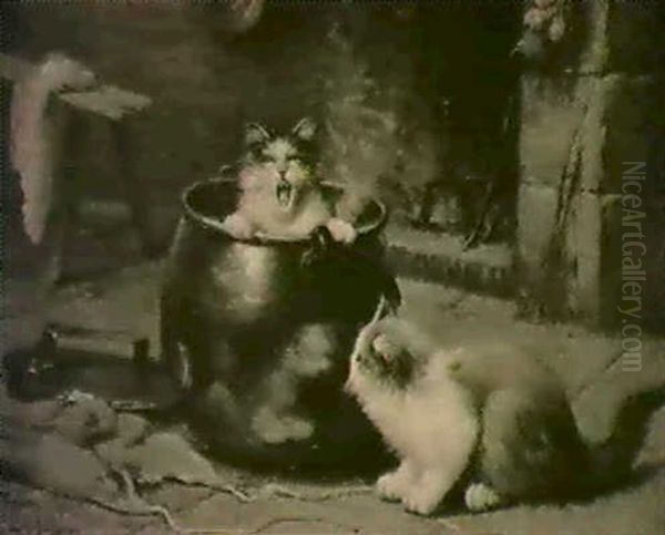 Spielende Katzen Vor Kamin - view 1