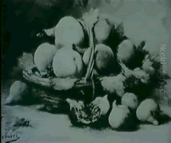 Peaches In A Basket With Figs On A Ledge - view 1