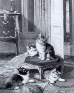 Four Playful Kittens In An Interior by Leon Charles Huber