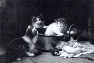 Kittens Playing In A Copper Pot by Leon Charles Huber