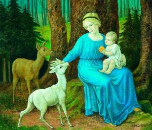 Mutter Mit Kind Und Rehen Im Wald