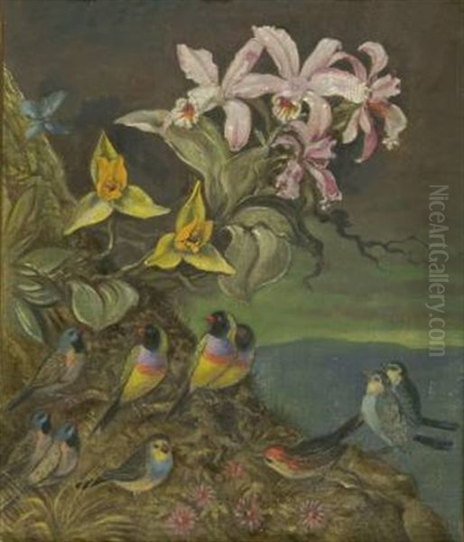 Fantastische Landschaft Mit Orchideen Und Singvogeln - view 1