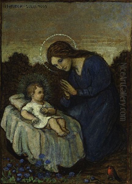 Muttergottes Mit Jesuskind Und Rotkehlchen Vor Bluhenden Blumen - view 1
