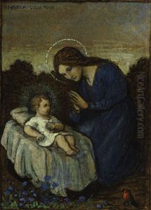Muttergottes Mit Jesuskind Und Rotkehlchen Vor Bluhenden Blumen