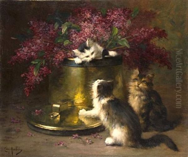 Trois Chatons Jouant Autour D'un Bouquet De Lilas - view 1