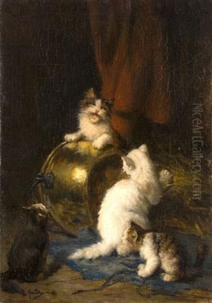 Quatre Chatons Jouant Autour D'un Chaudron De Cuivre - view 1