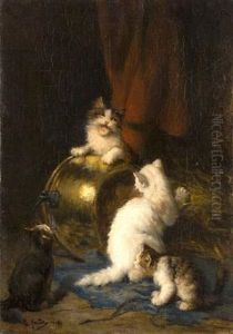 Quatre Chatons Jouant Autour D'un Chaudron De Cuivre