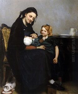 Mutter Mit Zwei Kindern Und Einer Katze by Julius Huebner the Younger