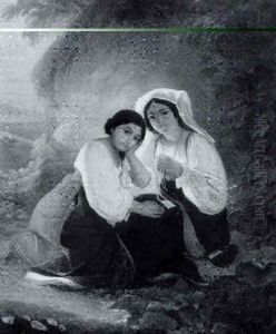 Italienische Madchen, Ein Amulett Betrachtend by Anton Huebner