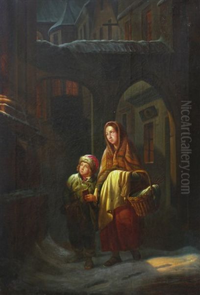 Genre Scene With Young Children In A Winter Village Night-time Scene - view 1