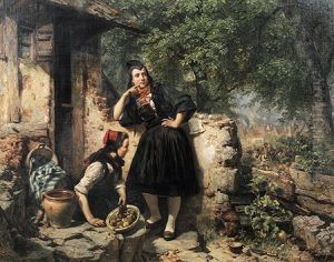 Zwei Hessische Madchen In Tracht Betrachten Einen Hochzeitszug by Carl Wilhelm Huebner
