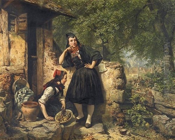 Zwei Hessische Madchen (in Biedenkopfer Tracht) Vor Stadtkulisse Mit Einem Festumzug (hochzeit?) - view 1