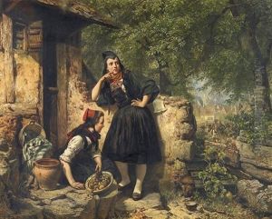 Zwei Hessische Madchen (in Biedenkopfer Tracht) Vor Stadtkulisse Mit Einem Festumzug (hochzeit?) by Carl Wilhelm Huebner