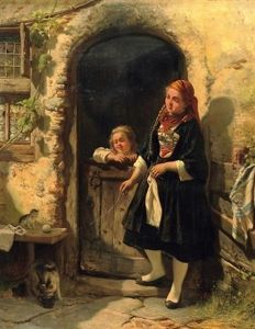Die Musestunde. Zwei Madchen Am Hauseingang, Mit Einem Katzchen Spielend by Carl Wilhelm Huebner