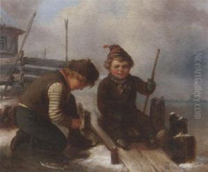 Winterfreuden. Zwei Buben Auf Dem Eis by Carl Wilhelm Huebner