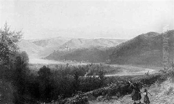 Die Siegschleife Bei Merten, Weites Flustal, Im Vordergrund Reisigsammlerin Mit Kind - view 1