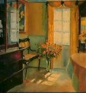 An Interior With Flowers by Heinrich (Ed. Julius H.) Huebner