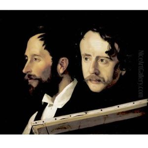 Portrait Of Two Men (ferdinand Theodor Hildebrandt And Karl Friedrich Lessing?) by Julius (Rudolf Jul. Benno) Huebner