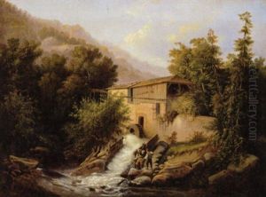 Forellenfischer An Einem Muhlbach In Der Sachsichen Schweiz by Julius (Rudolf Jul. Benno) Huebner