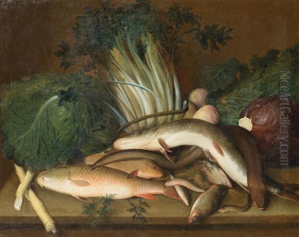Fish With Cabbages, Cardoons And Other Vegetables On A Stone Ledge - view 1