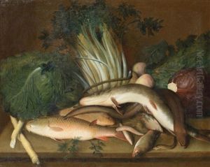 Fish With Cabbages, Cardoons And Other Vegetables On A Stone Ledge by Louis (Lewis) Hubner