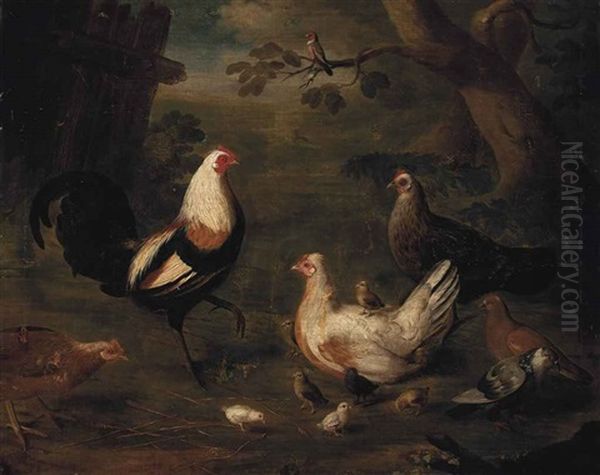 A Duckwing Game Cock, Hens And Chicks In A Farm, A Wooded Landscape Beyond - view 1
