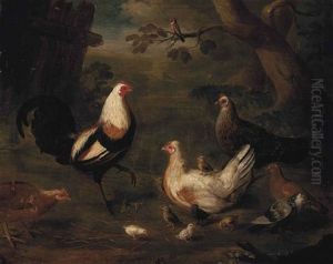 A Duckwing Game Cock, Hens And Chicks In A Farm, A Wooded Landscape Beyond