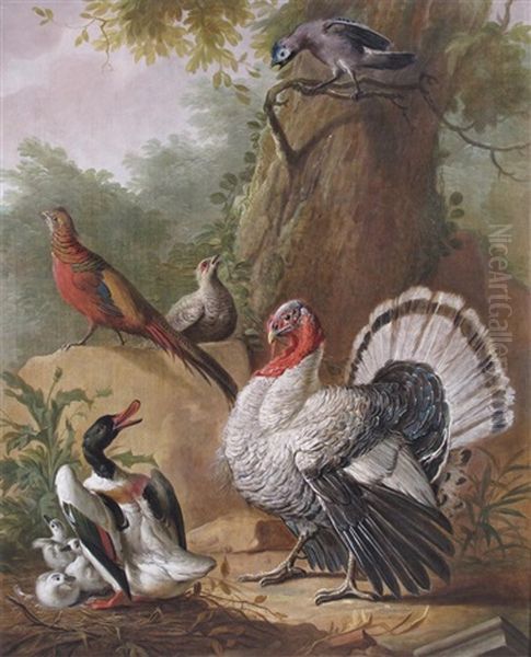 A Duck Protecting Its Young From A Turkey, Pheasants And A Jay By A Tree - view 1