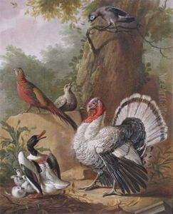 A Duck Protecting Its Young From A Turkey, Pheasants And A Jay By A Tree