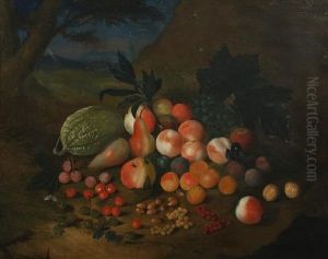 A Melon, Peaches, Oranges, Pears, Plums, Currants And Cherries Against A Bank