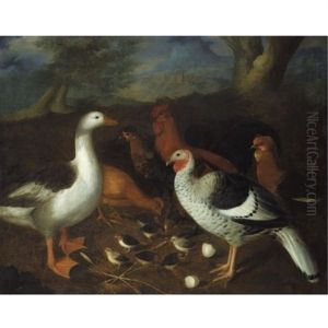 Bantams, A Goose, A Turkey And Chicks In A Landscape by Louis (Lewis) Hubner