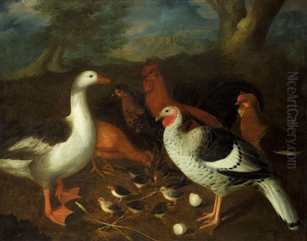 Bantams, A Goose, A Turkey And Chicks In A Landscape - view 1