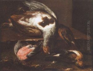 A Dead Partridge, Bullfinch And Other Birds On A Ledge by Louis (Lewis) Hubner